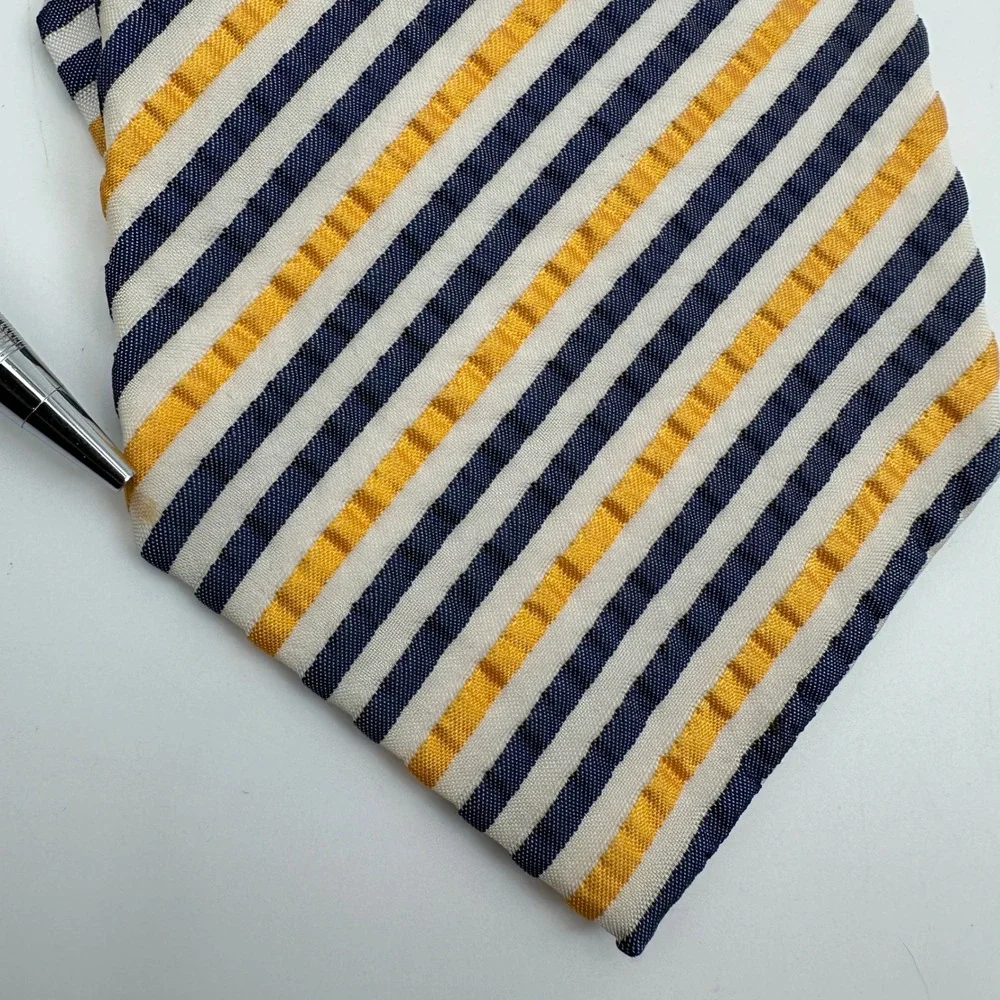 Harold Powell Seersucker Necktie Mens Navy Yellow Repp Striped Silk USA 58x3.5